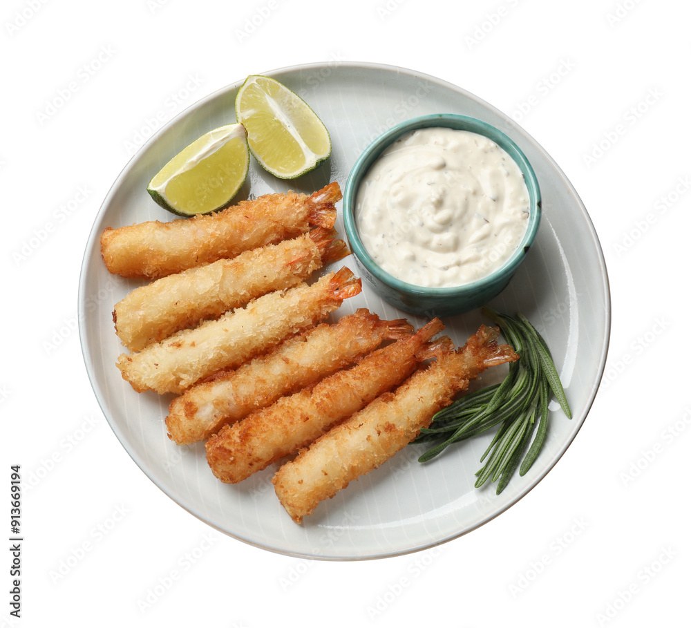 Delicious breaded fried shrimps with sauce and lime isolated on white, top view Delicious breaded fried shrimps with sauce and lime isolated on white, top view