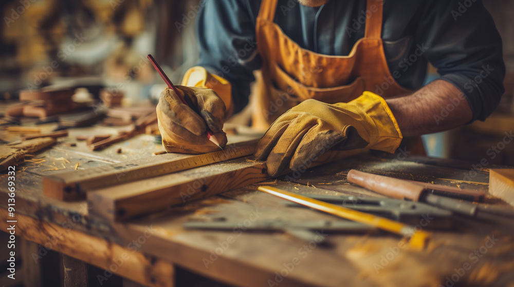 Carpenter marking wood for cutting in a workshop, wearing gloves and apron, surrounded by tools Carpenter marking wood for cutting in a workshop, wearing gloves and apron, surrounded by tools
