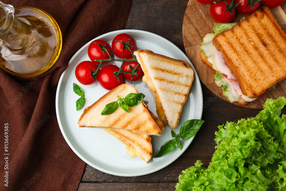 Pieces of toasted bread with melted cheese served on wooden table, top view Pieces of toasted bread with melted cheese served on wooden table, top view