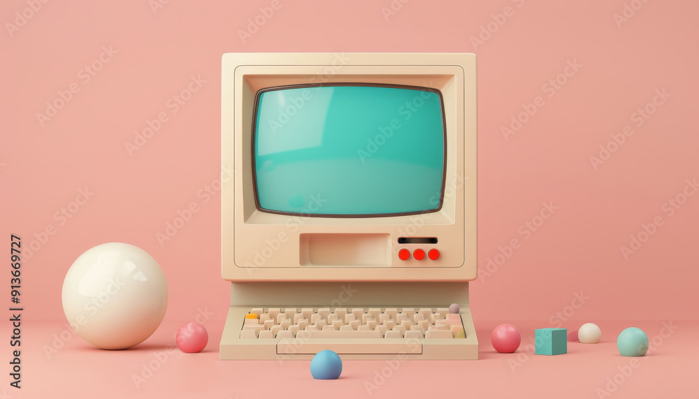 Retro Computer with Colorful Spheres on Pink Background Retro Computer with Colorful Spheres on Pink Background