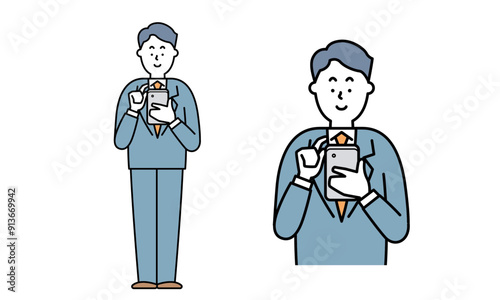 スーツを着た男性がスマホを操作している（正面）イラスト素材