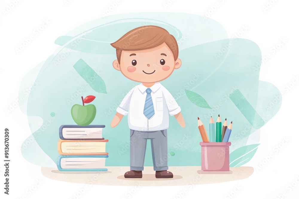 A cute illustration of a little student holding a pencil, with school supplies around, ready for learning. A cute illustration of a little student holding a pencil, with school supplies around, ready for learning.