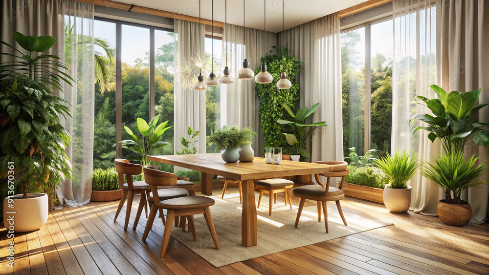Fototapeta premium Empty wooden table in a bright modern room with a subtle bohemian vibe, surrounded by natural light, floor-to-ceiling curtains, and lush greenery.