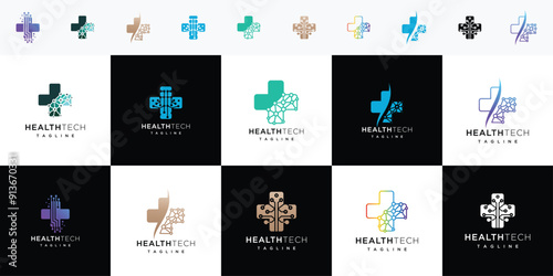 Collection of health technology logo design templates. set of health digital technology logo designs