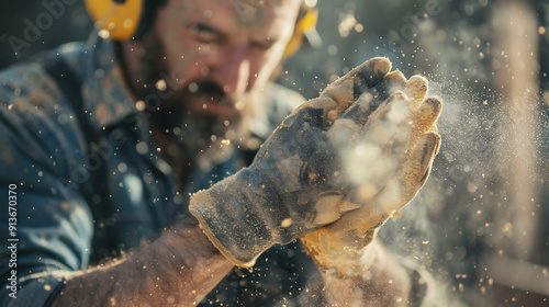 Focused carpenter clapping hands to remove sawdust, wearing protective gloves and earmuffs, working in a dusty workshop