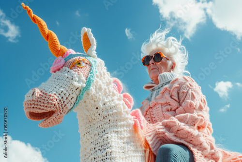 Grandma flies on a knitted unicorn photo