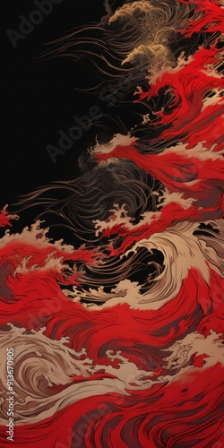 Asian storm a traditional asian art and modern fantasy theme background texture style in red, gold and black, ai generated