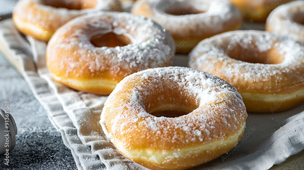 Close-up of Powdered Sugar Donuts on a White Napkin Close-up of Powdered Sugar Donuts on a White Napkin