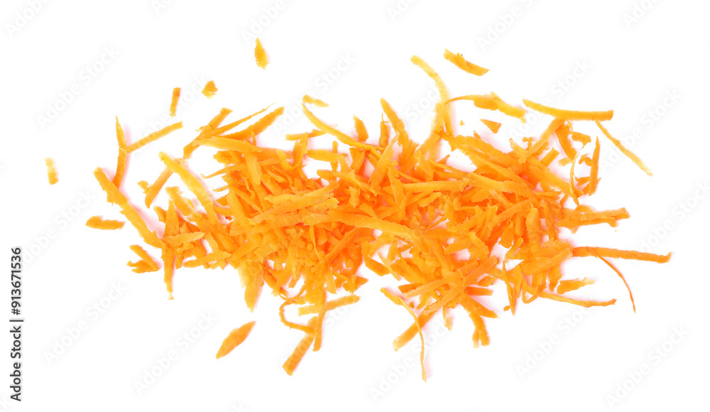 Obraz premium Pile of fresh grated carrot isolated on white, top view
