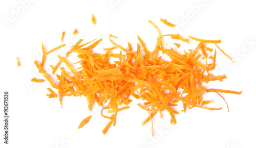 Pile of fresh grated carrot isolated on white, top view