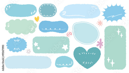 Set of hand drawn style cute memo sticker. Variety abstract shapes of blue speech bubble. Girl style frame with crayon draw. Chat box balloon cloud. Sweet retro label tag collection vector for tex