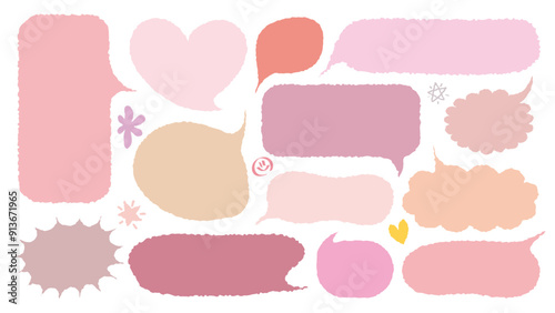 Set of hand drawn style cute memo sticker. Variety abstract shapes of pink speech bubble. Girl style frame with crayon draw. Chat box balloon cloud. Sweet retro label tag collection vector for text
