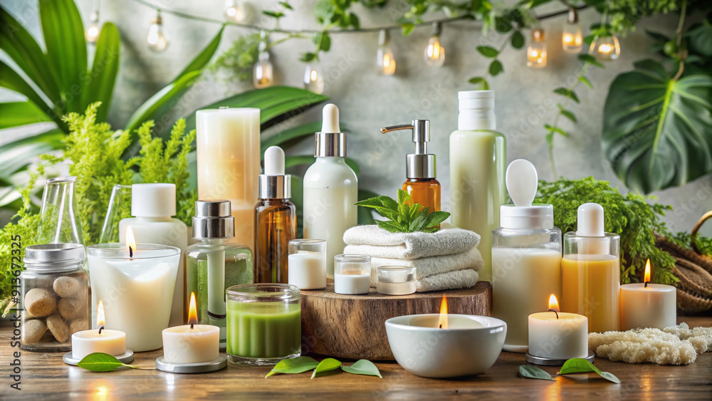 Array of skincare products, including moisturizers, serums, and facial creams, arranged on a clean bath countertop surrounded by lush greenery and candles. Array of skincare products, including moisturizers, serums, and facial creams, arranged on a clean bath countertop surrounded by lush greenery and candles.