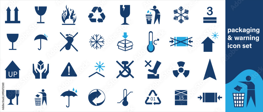 Common packaging & warning symbols with curved frame. Handle with care, Fragile, Recycling, This side up, Indoor use only, Flammable vector icon set Common packaging & warning symbols with curved frame. Handle with care, Fragile, Recycling, This side up, Indoor use only, Flammable vector icon set