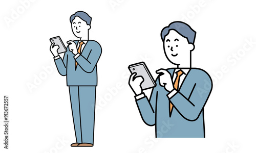 スーツを着た男性がスマホを操作している（斜め）イラスト素材