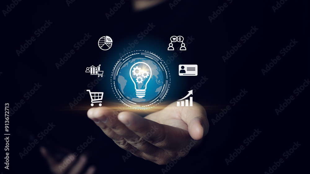 Fototapeta premium Businessman holding light blub with virtual Global Internet connection. global internet connection application technology and digital marketing, Financial and banking, Digital link tech, big data.