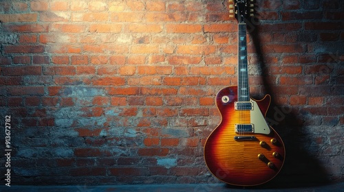 A guitar is leaning against a brick wall photo