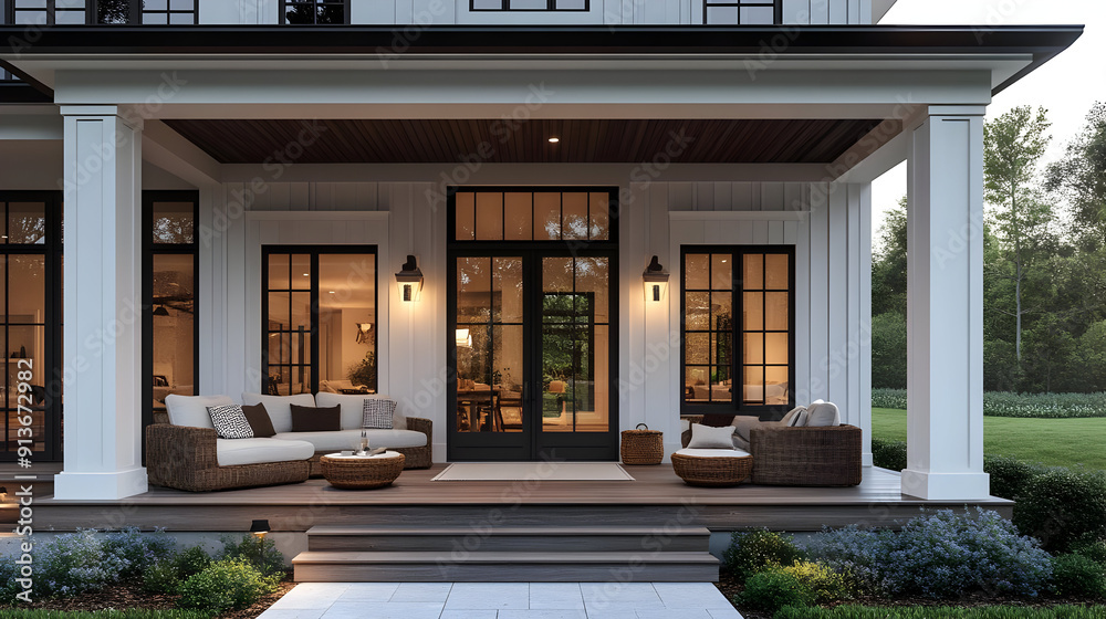Modern Farmhouse Porch with Wicker Furniture and Outdoor Lighting - 3D Illustration Modern Farmhouse Porch with Wicker Furniture and Outdoor Lighting - 3D Illustration
