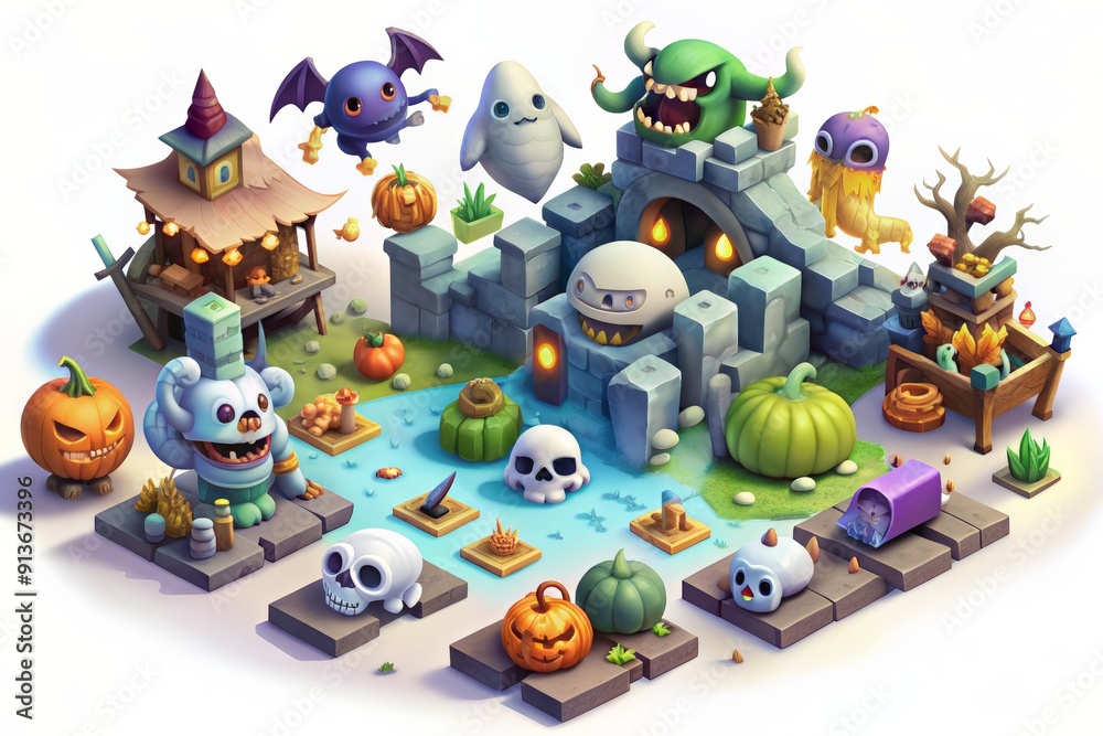 Fantasy game world with cute monsters, buildings, and spooky elements. Fantasy game world with cute monsters, buildings, and spooky elements.