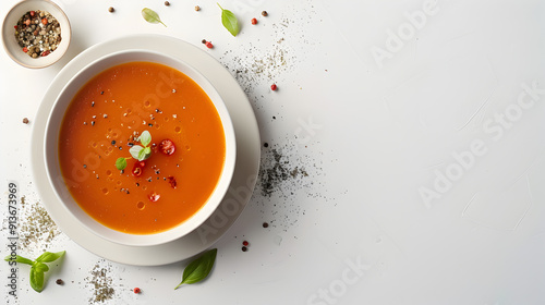 soup in a bowl on white background, top view, copy space for text