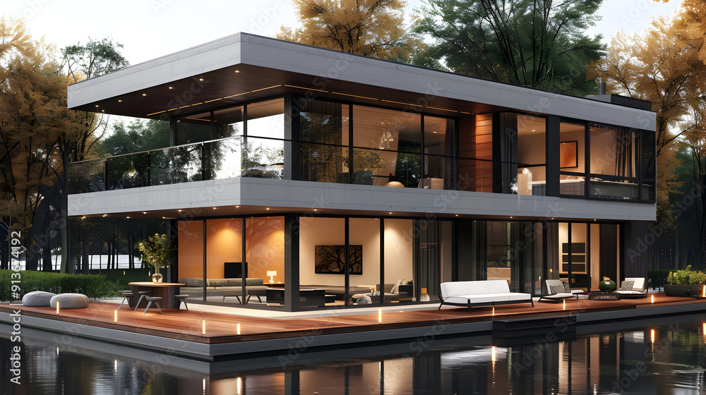 Modern Concrete House with Wooden Deck and Pool - 3D Illustration