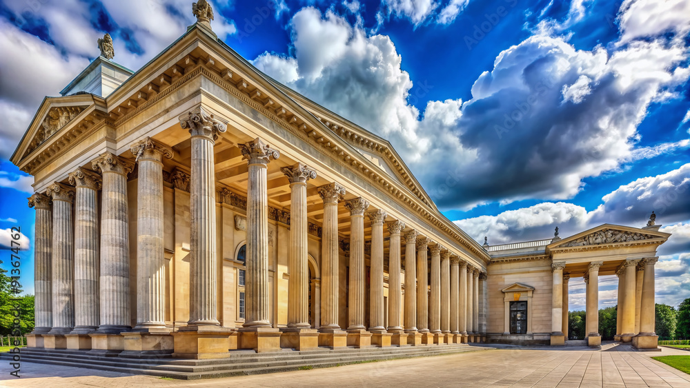 Grand stone columns and ornate archways adorn the neoclassical facade of a iconic museum, set against a bright blue sky with puffy white clouds. Grand stone columns and ornate archways adorn the neoclassical facade of a iconic museum, set against a bright blue sky with puffy white clouds.