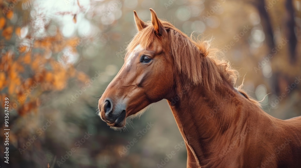 Obraz premium Closeup brown horse stands in a meadow farm