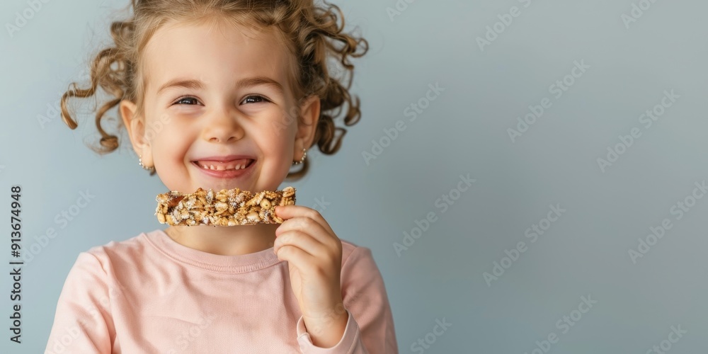 happy little girl with curly hair eating a healthy granola bar snack with a big smile - positive childhood nutrition concept happy little girl with curly hair eating a healthy granola bar snack with a big smile - positive childhood nutrition concept