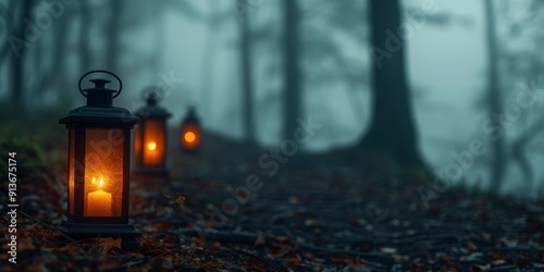 mystical forest path lit by lanterns in foggy atmosphere with a sense of mystery and enchantment.