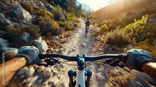 View shot of mountain biking on a rocky trail durin