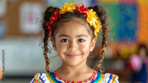 portrait of a young girl wearing traditional mexican dress with flowers in her hair smiling joyfully.
