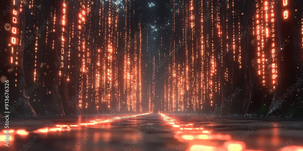 Obraz premium Digital binary code data streaming on a dark background