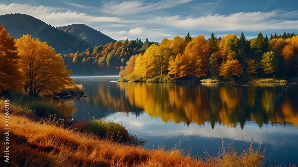 Obraz premium Beautiful Fall landscape with lake and mountain 