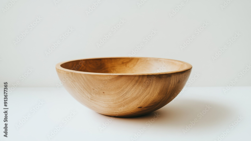 A beautiful wooden bowl sits on a white background. It's a handmade piece of kitchenware. A beautiful wooden bowl sits on a white background. It's a handmade piece of kitchenware.