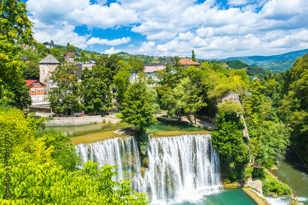 Panoramic view of waterfalls in the old town of Jajce, Bosnia and Herzegovina