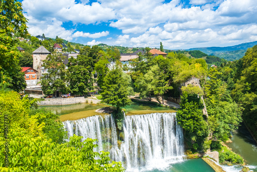 Obraz na płótnie Panoramic view of waterfalls in the old town of Jajce, Bosnia and Herzegovina w salonie
