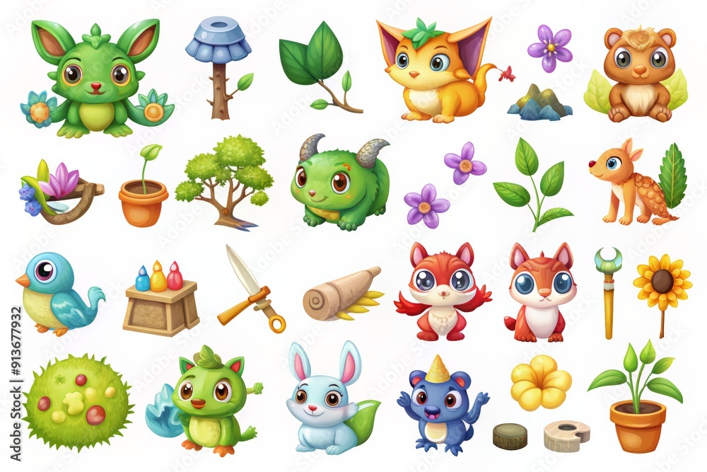 Fototapeta premium Collection of cute, colorful cartoon animals and plants.