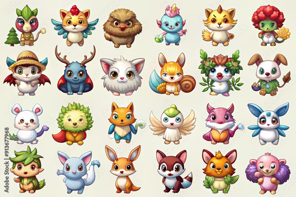 Collection of cute, colorful cartoon animals and plants.