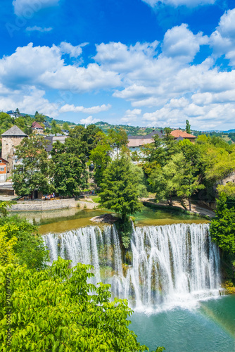 Panoramic view of waterfalls in the old town of Jajce, Bosnia and Herzegovina