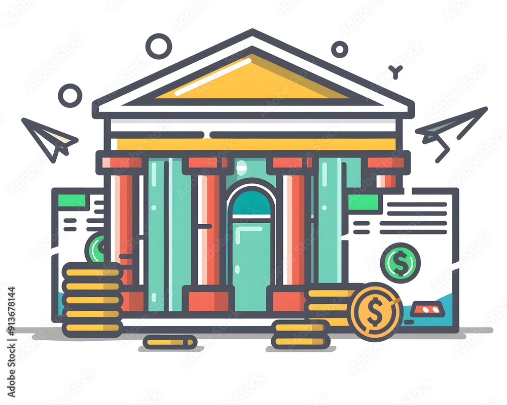Fototapeta premium Vector illustration of a bank with coins, banknotes, and documents, depicting financial transactions and business management.