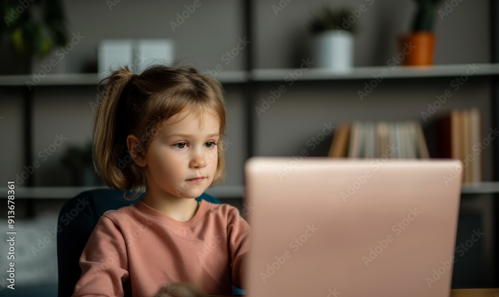 young girl focused on laptop screen, concentrated online learning, child using technology, home education, digital literacy young girl focused on laptop screen, concentrated online learning, child using technology, home education, digital literacy