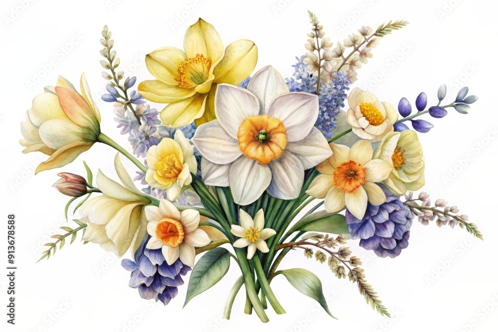 A beautiful bouquet of spring flowers including daffodils and lilacs. A beautiful bouquet of spring flowers including daffodils and lilacs.