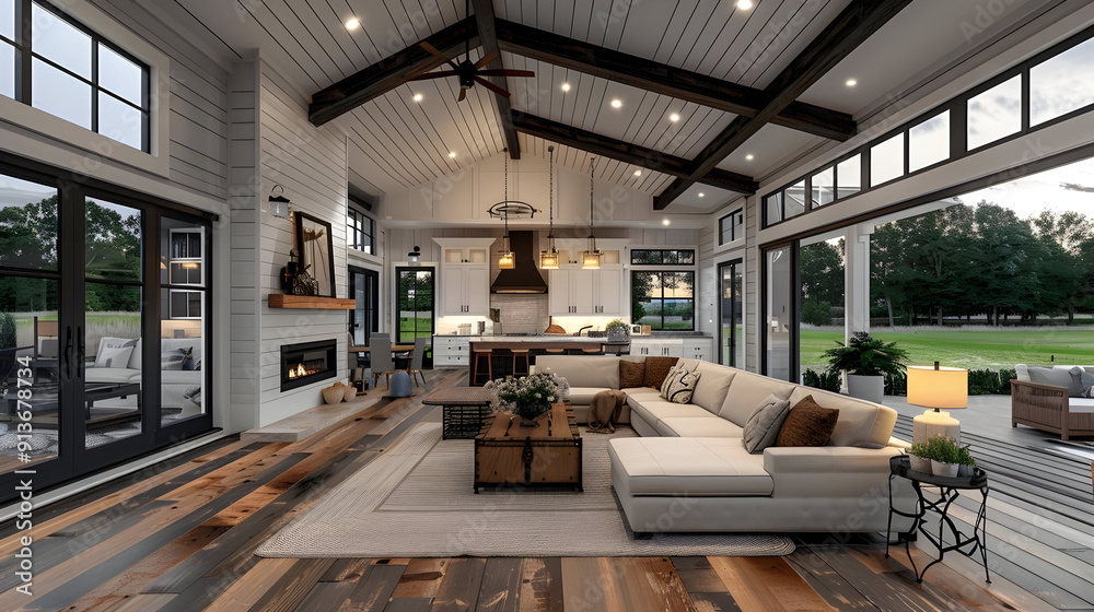 Modern Farmhouse Living Room 3D Illustration