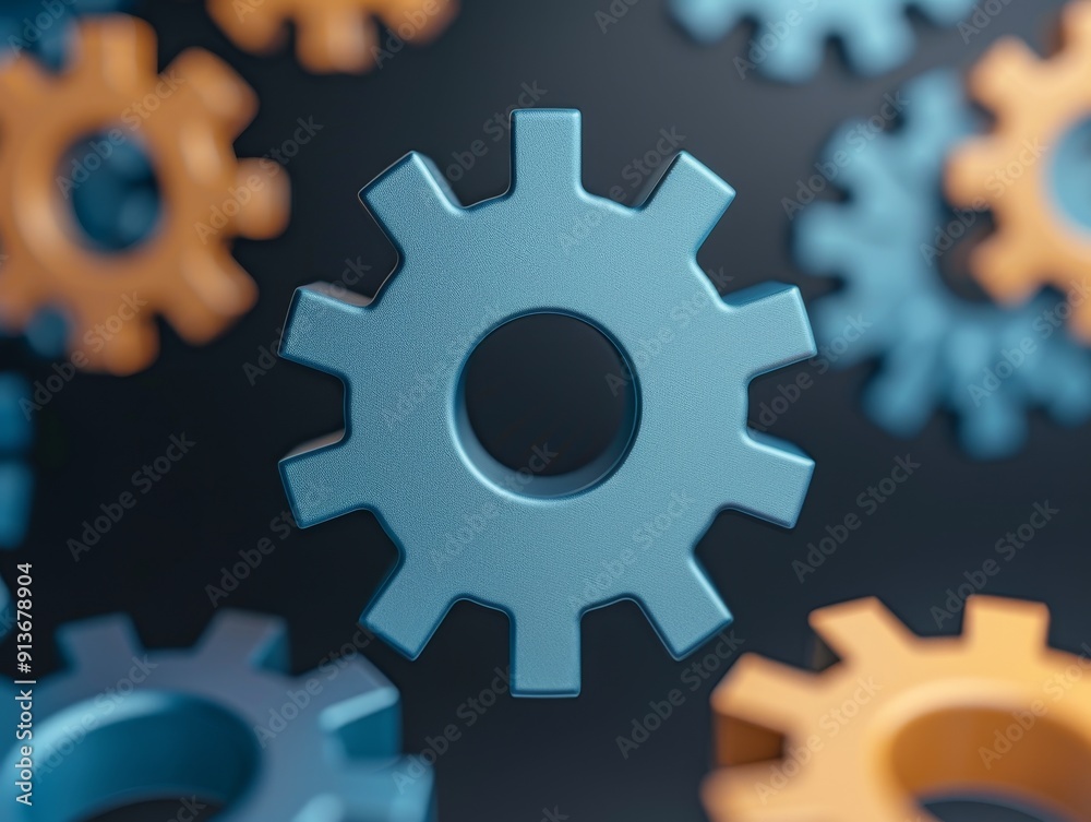 blue and orange 3d cog wheels in depth of field against black background - industrial machine part concept blue and orange 3d cog wheels in depth of field against black background - industrial machine part concept