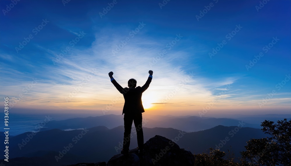 back view business man standing on top of mountain at sunset. Business man Silhouette Stands with nature view of mountain at sunset background back view business man standing on top of mountain at sunset. Business man Silhouette Stands with nature view of mountain at sunset background