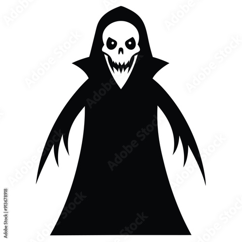 Halloween Horror Reaper Icon, Black and White Vector Art