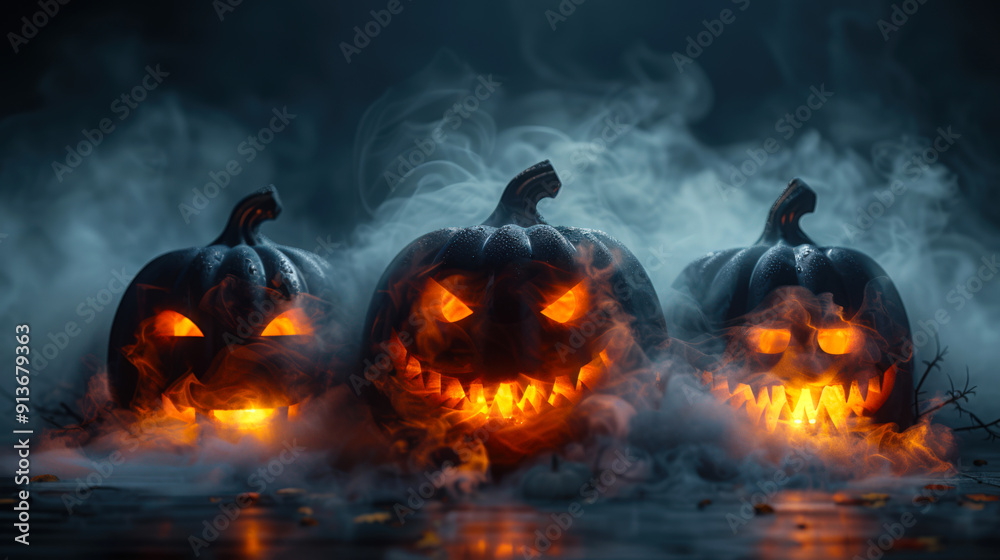 Halloween celebration. Three toothy pumpkins with glowing eyes and animal grins are surrounded by thick gray smoke. Halloween celebration. Three toothy pumpkins with glowing eyes and animal grins are surrounded by thick gray smoke.