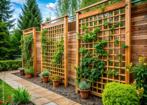 Attractive cedar trellis provides structural support to climbing plants, enhancing garden beauty while maximizing vertical space and increasing yields efficiently. photo