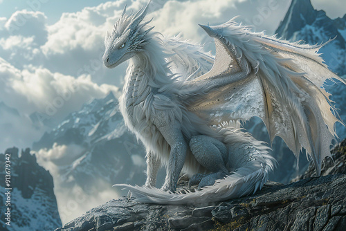 Fotografie A white glowing dragon sits on top of a mountain during the day.