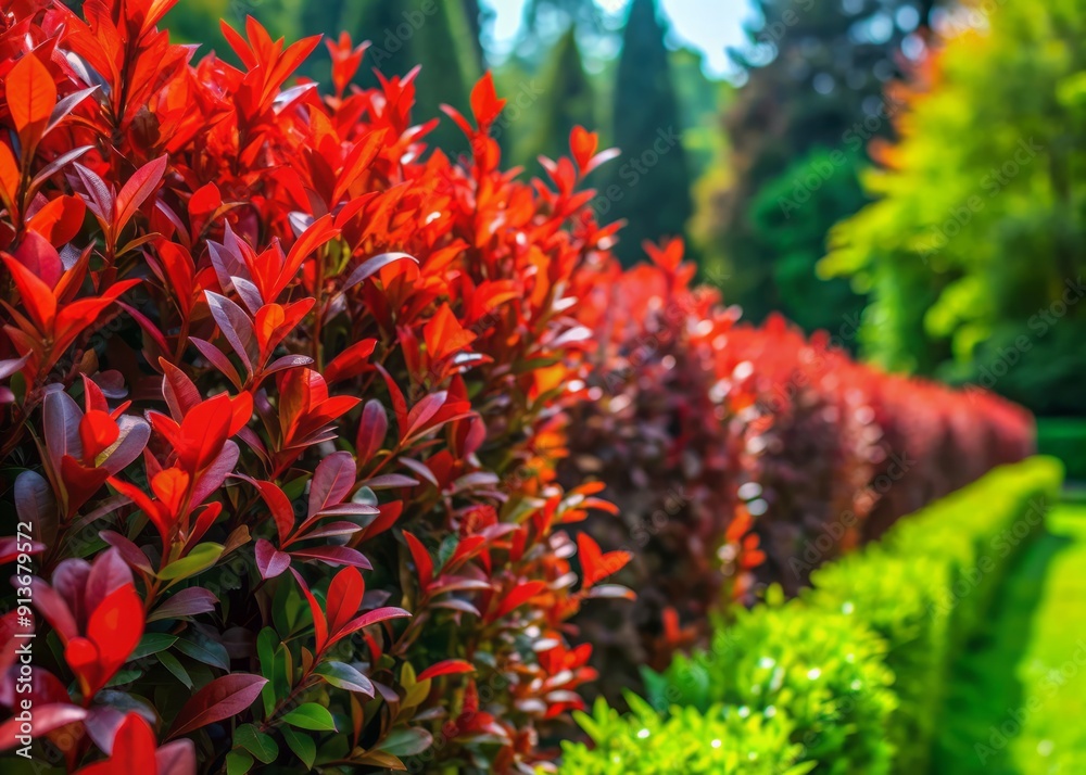 Vibrant red new leaves of decorative hedge shrub contrast with glossy green older foliage, creating a stunning garden display. Vibrant red new leaves of decorative hedge shrub contrast with glossy green older foliage, creating a stunning garden display.